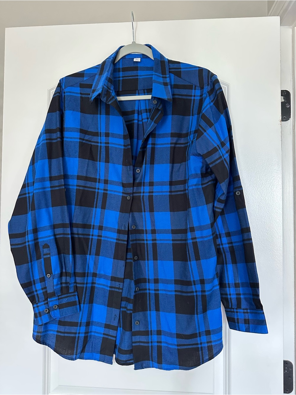 Women’s Cobalt Blue and Black Plaid Button-Up Shirt- Large